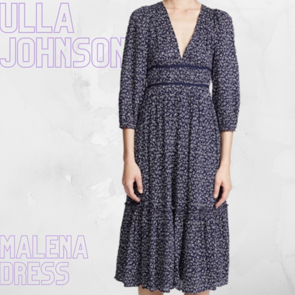 Ulla Johnson Malena Blue Floral Cotton Print 3/4 Sleeve Midi Dress Size 10 - Picture 1 of 9